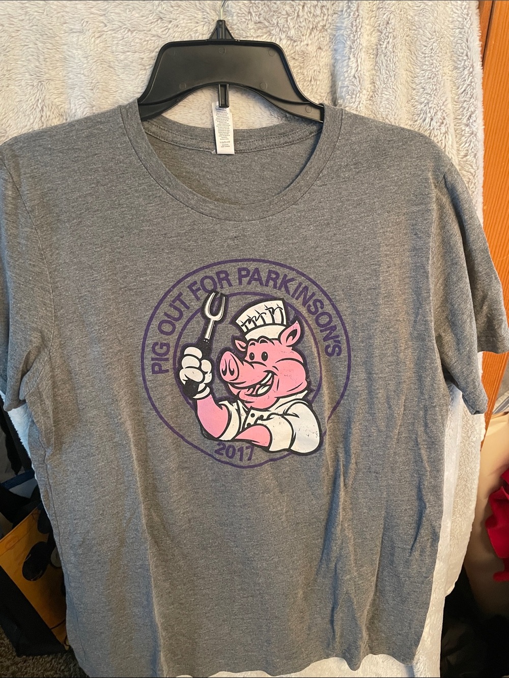 Bella Canvas Gray Tee with Pink Chef Pig and Purple Lettering